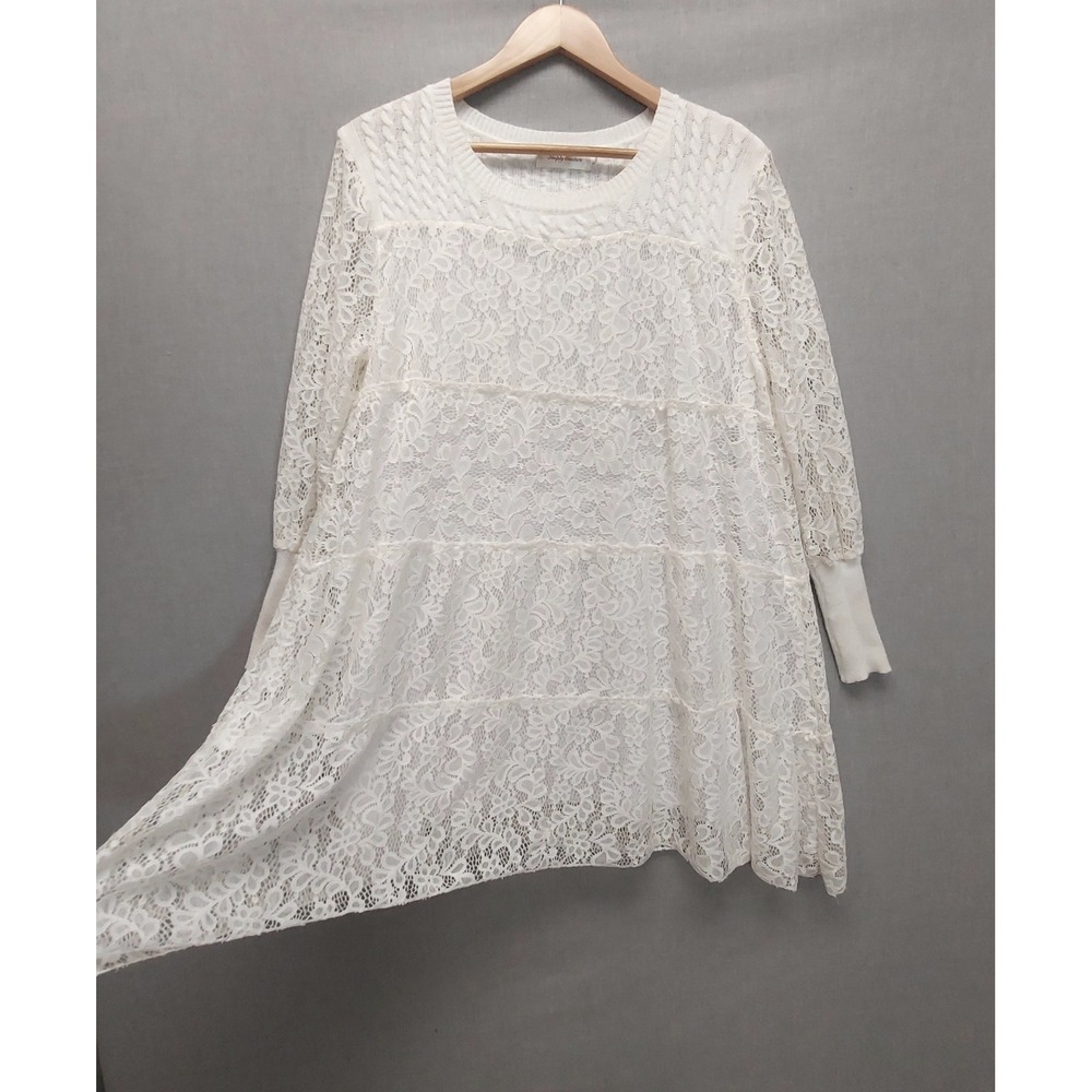 Floral Lace Tunic Tiered ‎ Cable Knit Sweater Dress XL Ivory Cottagecore Boho